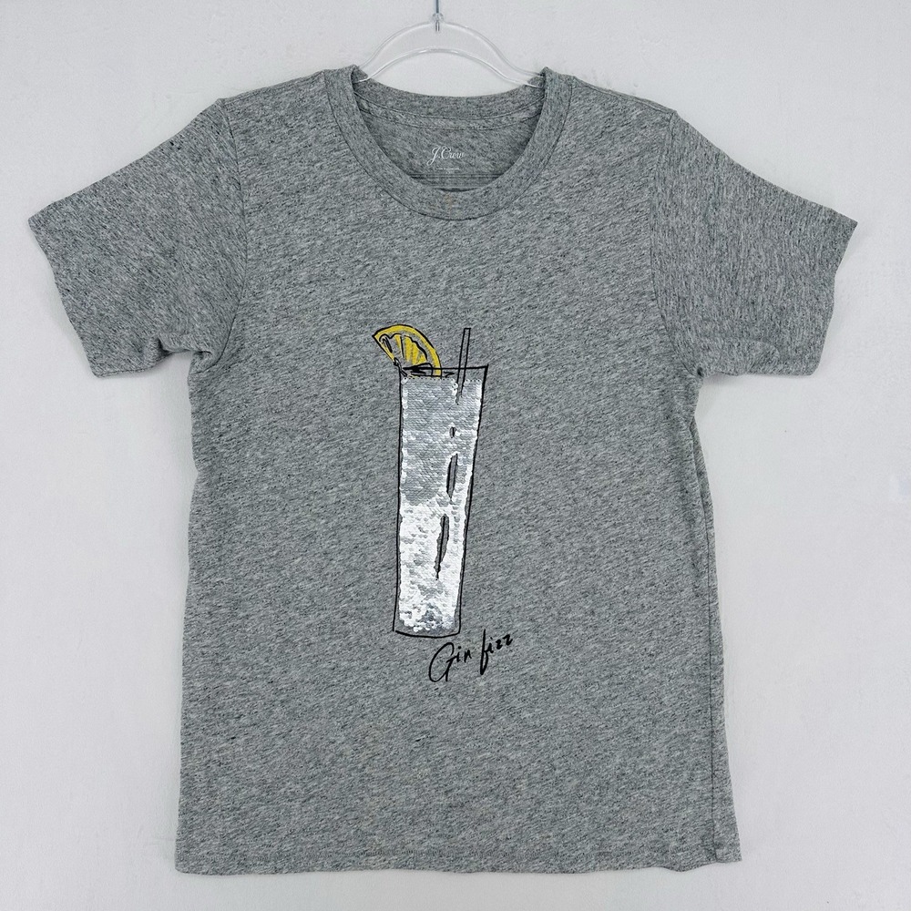 J Crew Gin Fizz‎ Sequin Graphic Tee Womens M Gray Heather Cocktail 100% Cotton